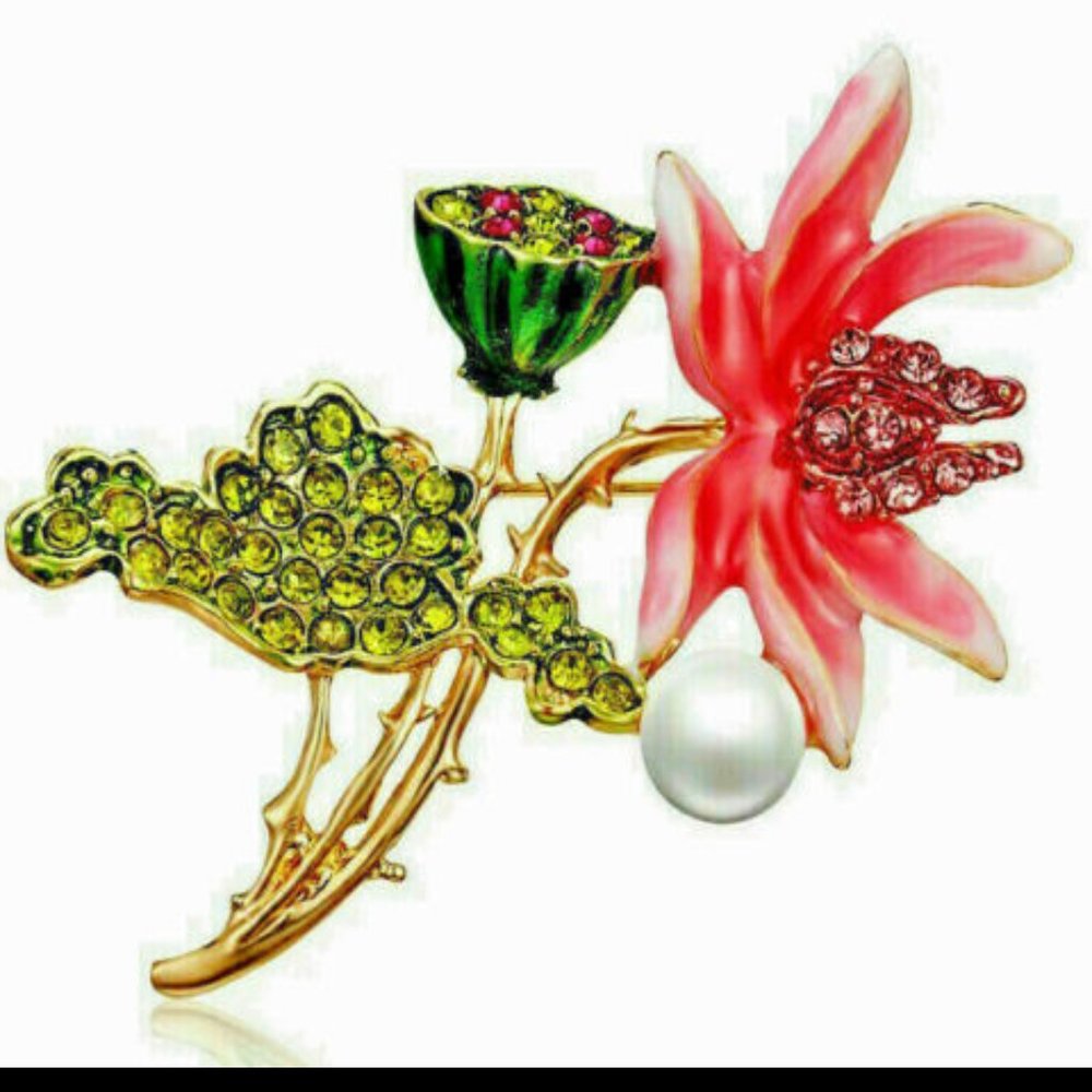 Hot Pink ORCHID Lotus Pearl Flower Pendant Brooch - Picture 5 of 8